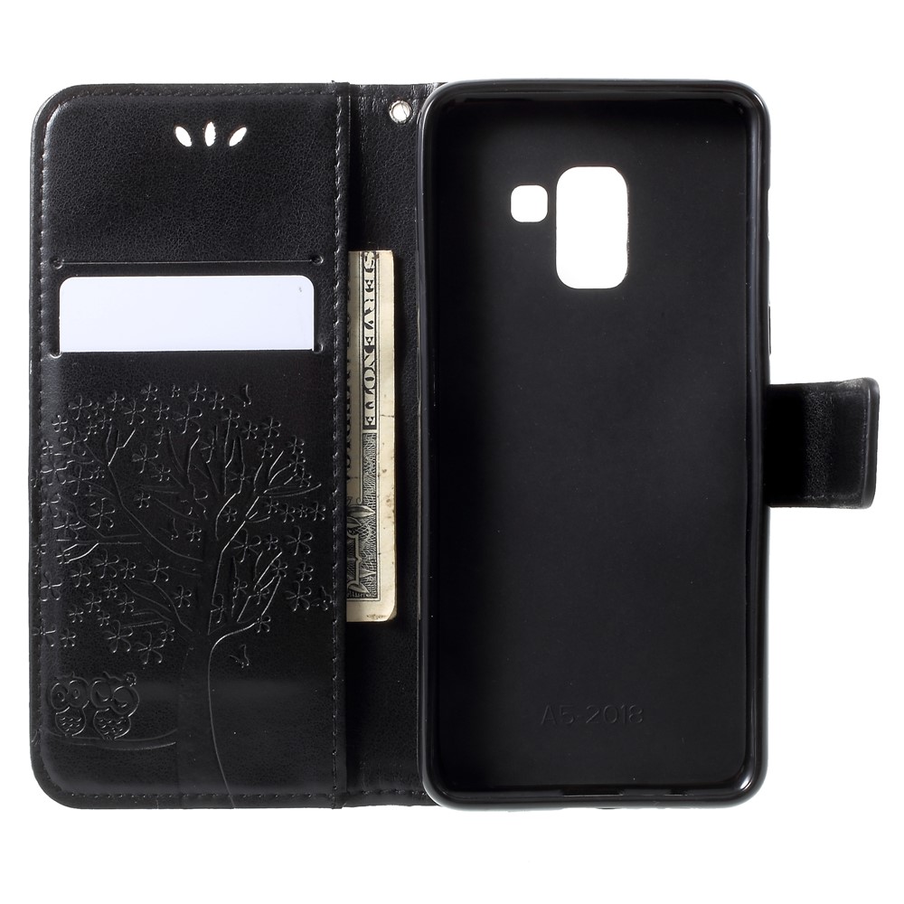 Imprint Tree and Owls PU Leather Stand Cover for Samsung Galaxy A8 (2018) - Black-5
