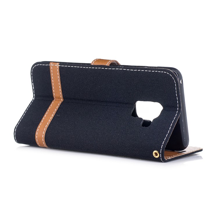 For Samsung Galaxy A5 (2018) Two-tone Jean Cloth Wallet PU Leather Case - Black-4