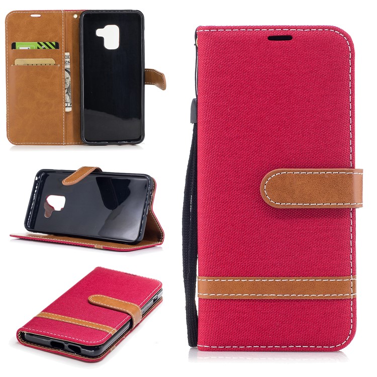Para Samsung Galaxy A8 (2018) Capa De Couro De Suporte De Carteira De Pano De Brim De Dois Tons - Vermelho-1