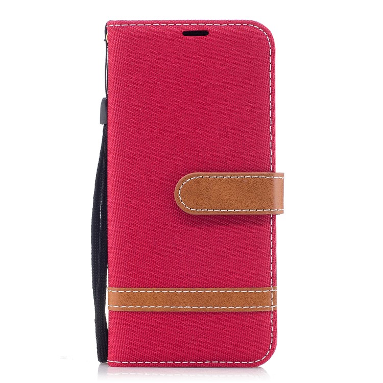 Para Samsung Galaxy A8 (2018) Capa De Couro De Suporte De Carteira De Pano De Brim De Dois Tons - Vermelho-2