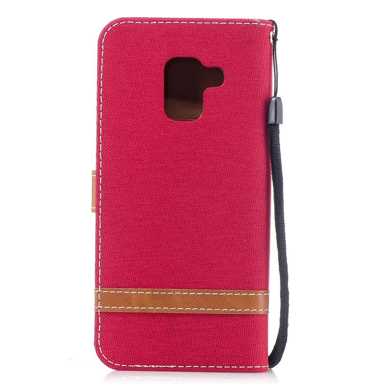 Para Samsung Galaxy A8 (2018) Capa De Couro De Suporte De Carteira De Pano De Brim De Dois Tons - Vermelho-3