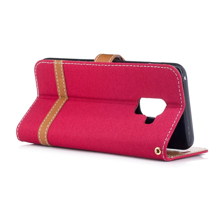 Para Samsung Galaxy A8 (2018) Capa De Couro De Suporte De Carteira De Pano De Brim De Dois Tons - Vermelho-4