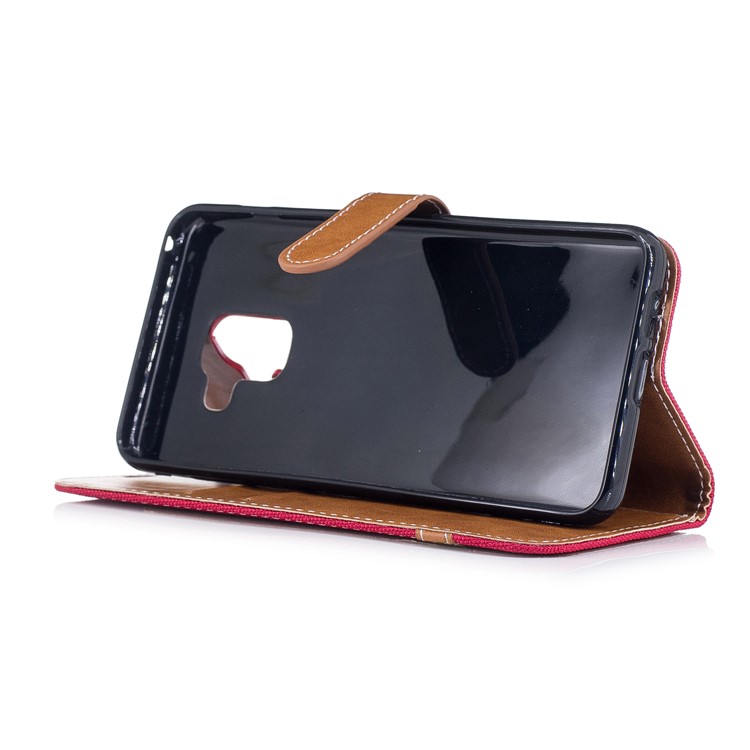 Para Samsung Galaxy A8 (2018) Capa De Couro De Suporte De Carteira De Pano De Brim De Dois Tons - Vermelho-5