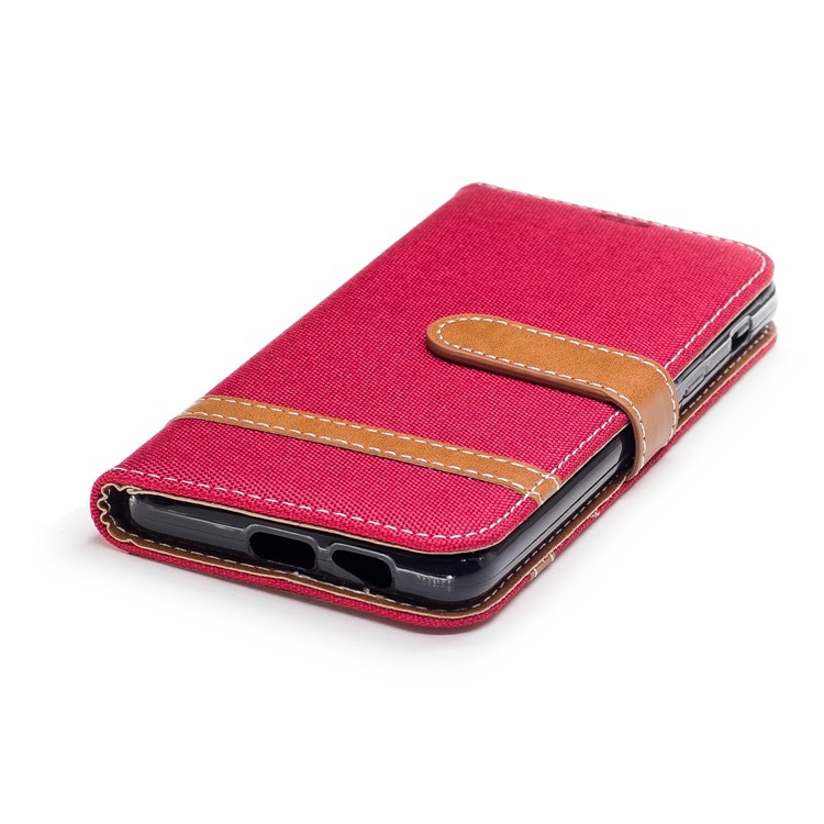 Para Samsung Galaxy A8 (2018) Capa De Couro De Suporte De Carteira De Pano De Brim De Dois Tons - Vermelho-6