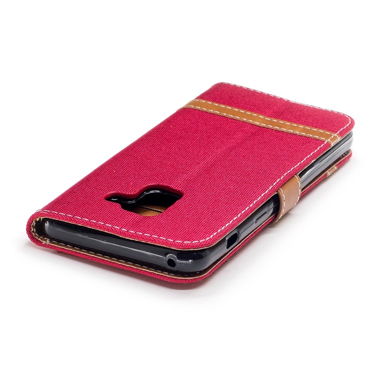 Para Samsung Galaxy A8 (2018) Capa De Couro De Suporte De Carteira De Pano De Brim De Dois Tons - Vermelho-7