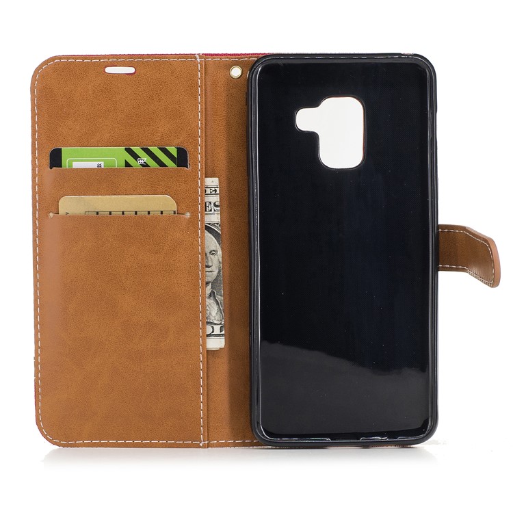 Para Samsung Galaxy A8 (2018) Capa De Couro De Suporte De Carteira De Pano De Brim De Dois Tons - Vermelho-8