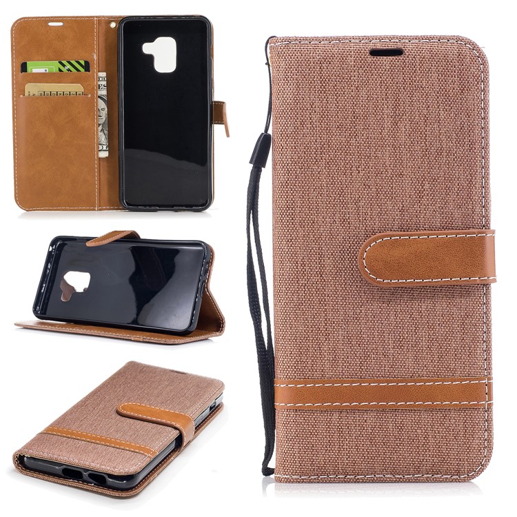 

For Samsung Galaxy A8 (2018) Two-tone Jean Cloth PU Leather Magnetic Wallet Phone Shell - Khaki