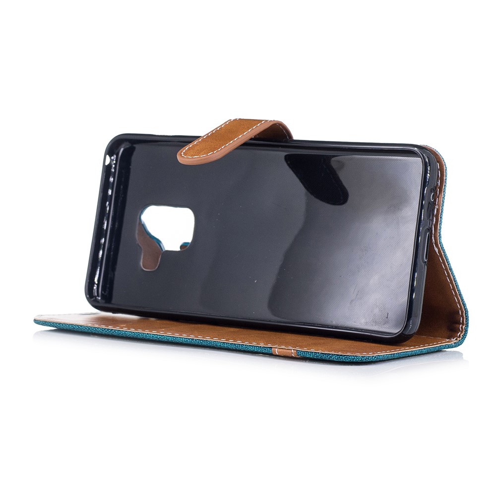For Samsung Galaxy A8 (2018) Bi-color Jean Cloth PU Leather Card Holder Mobile Casing - Green-5