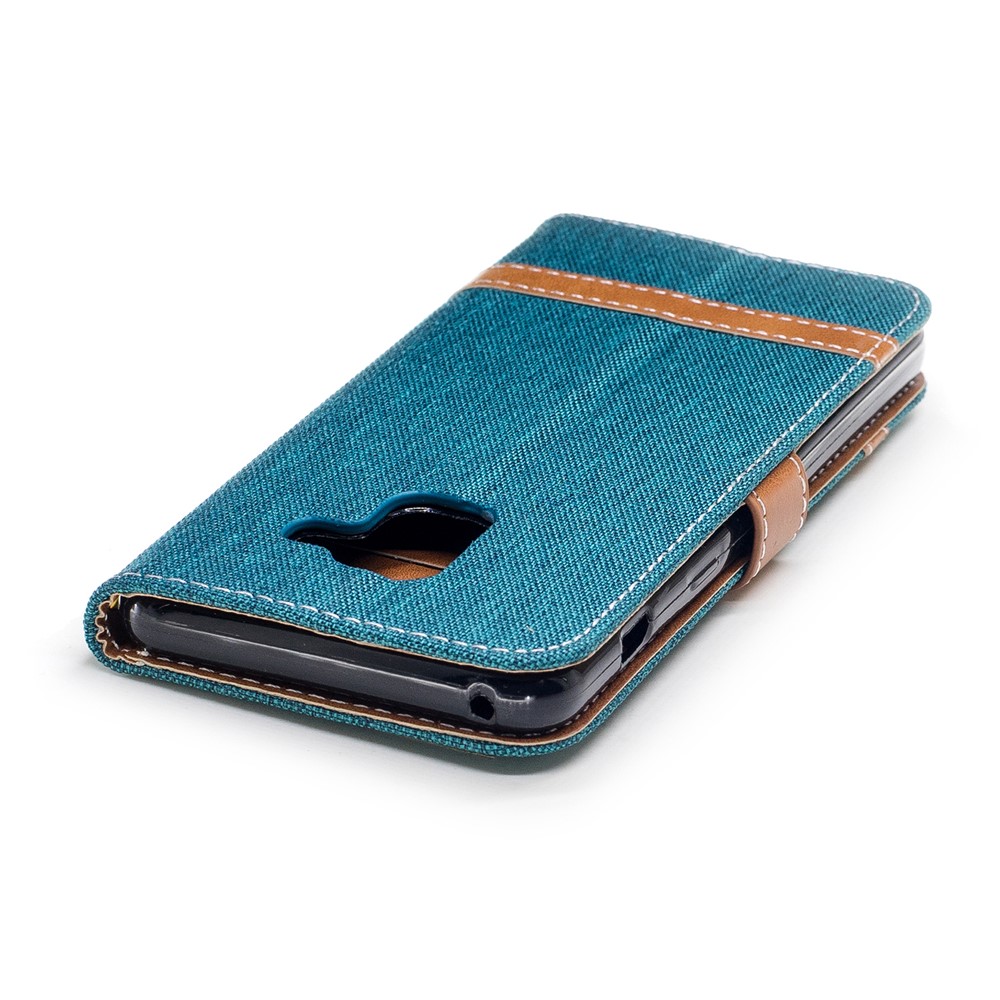 For Samsung Galaxy A8 (2018) Bi-color Jean Cloth PU Leather Card Holder Mobile Casing - Green-7