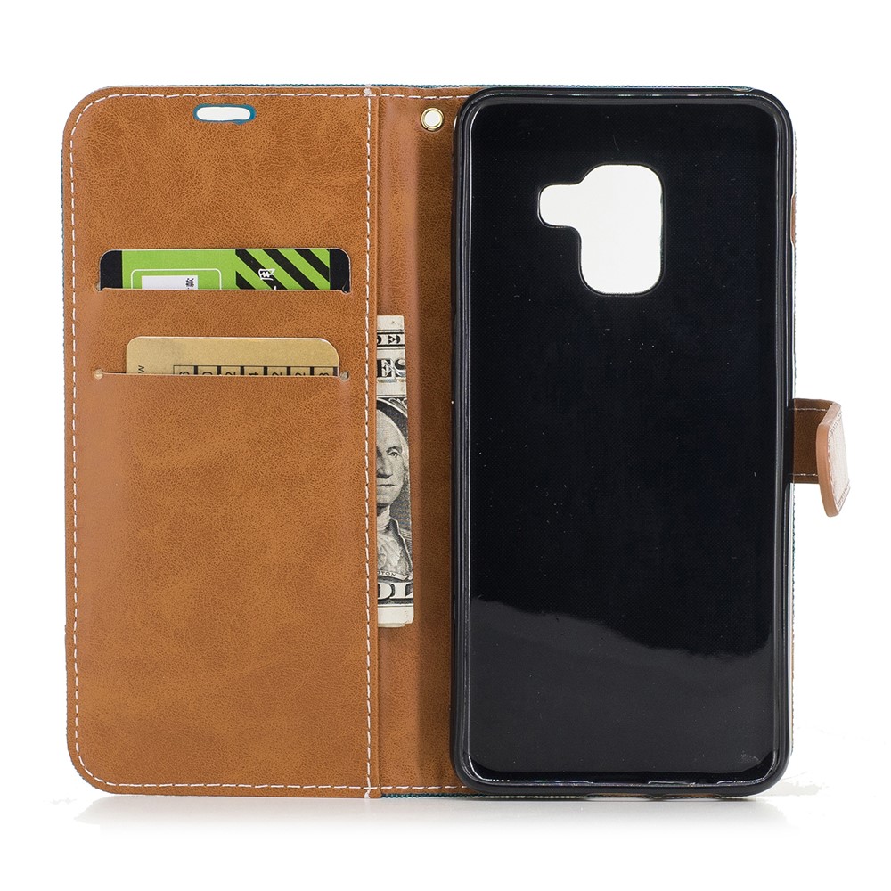 For Samsung Galaxy A8 (2018) Bi-color Jean Cloth PU Leather Card Holder Mobile Casing - Green-8