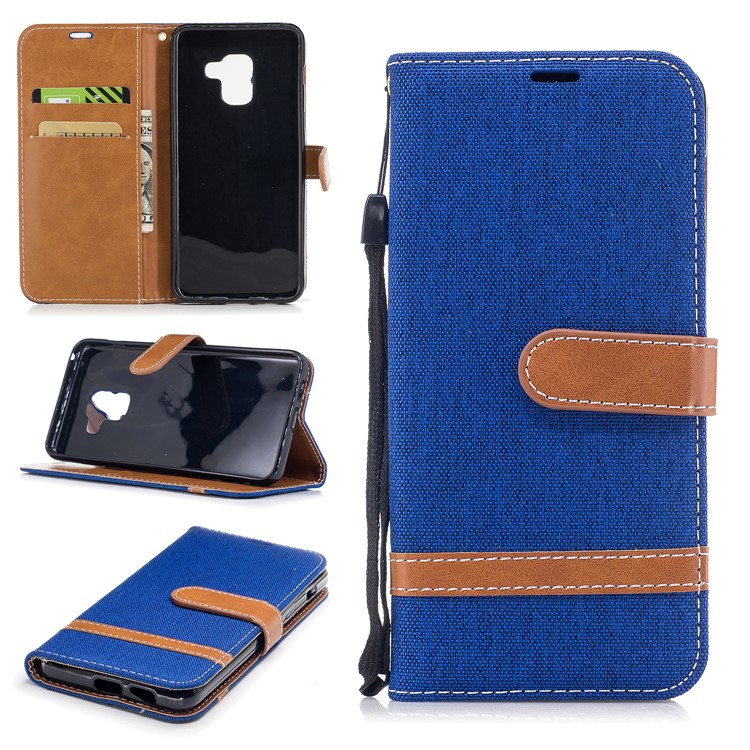 

For Samsung Galaxy A8 (2018) Bi-color Jean Cloth PU Leather Protective Cover Shell with Card Slots - Baby Blue