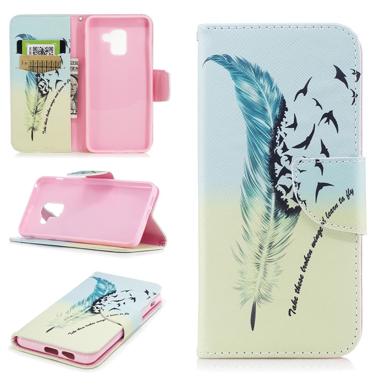 Pattern Printing Stand Leather Mobile Shell for Samsung Galaxy A8 (2018) - Feather Pattern-1