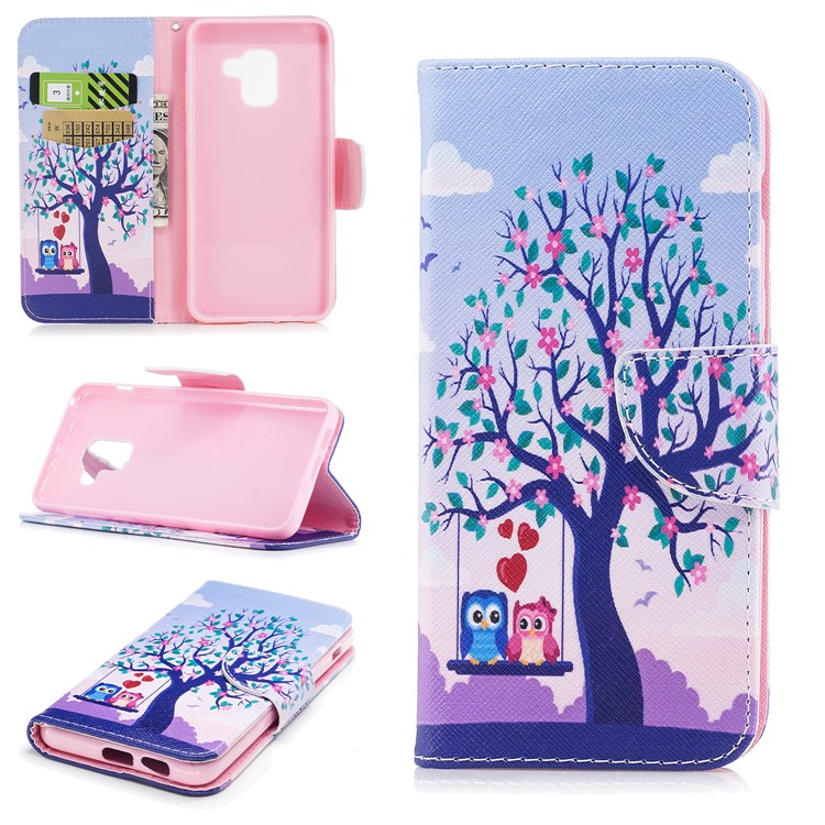Patterned Leather Wallet Stand Cover Case for Samsung Galaxy A8 (2018) - Owl Lover and Flowered Tree-1