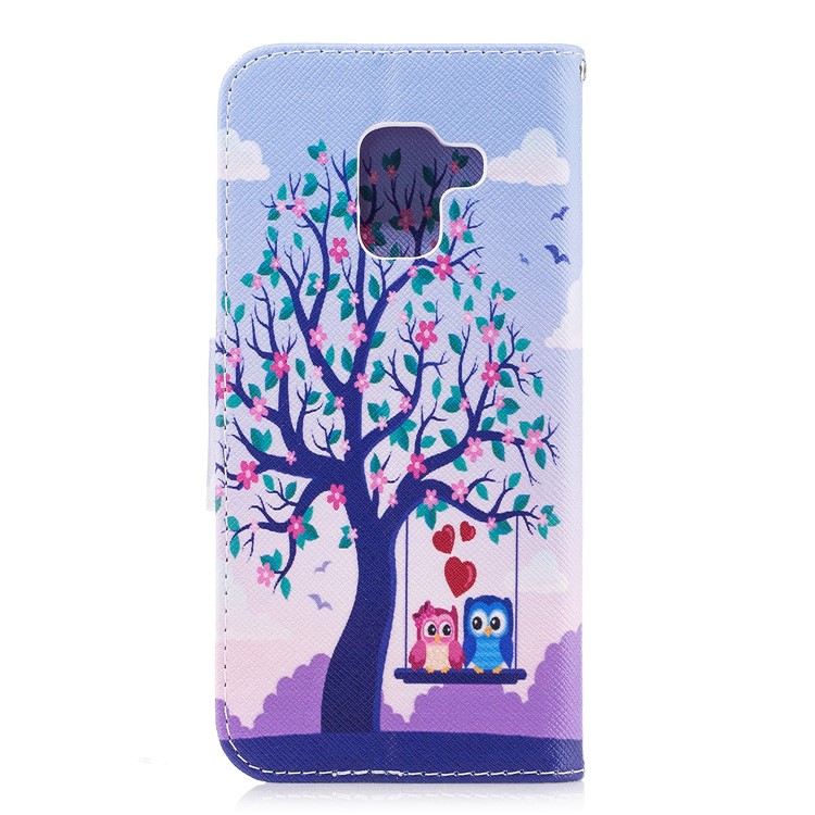 Patterned Leather Wallet Stand Cover Case for Samsung Galaxy A8 (2018) - Owl Lover and Flowered Tree-3