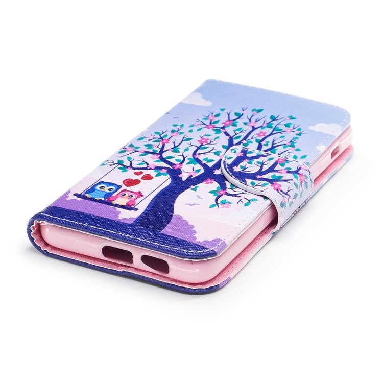 Patterned Leather Wallet Stand Cover Case for Samsung Galaxy A8 (2018) - Owl Lover and Flowered Tree-6