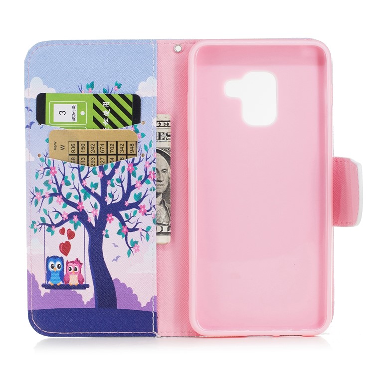 Patterned Leather Wallet Stand Cover Case for Samsung Galaxy A8 (2018) - Owl Lover and Flowered Tree-8