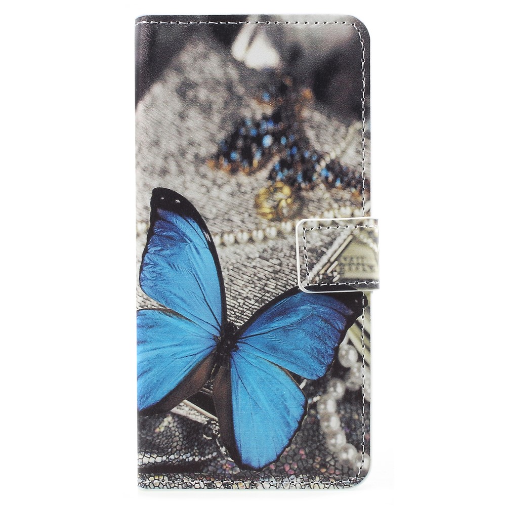 Impressão Padrão PU Couro Suporte De Carteira Magnética Suporte De Telefone Celular Protetor Para Samsung Galaxy Coaxial A8 (2018) - Borboleta Azul-1