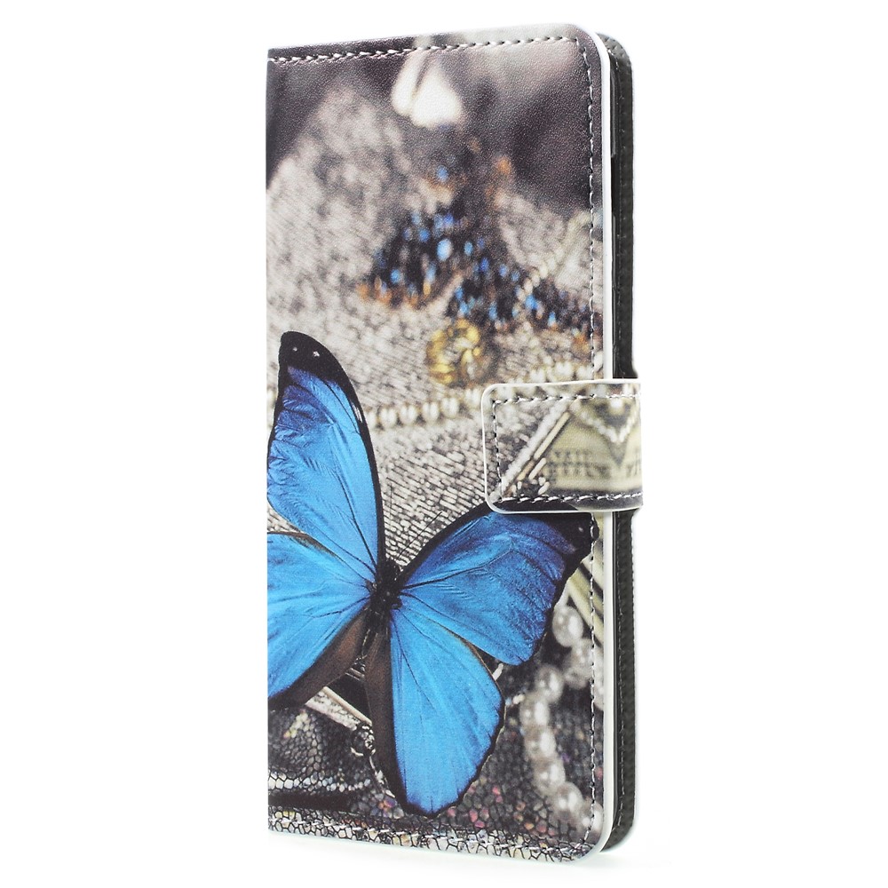 Impressão Padrão PU Couro Suporte De Carteira Magnética Suporte De Telefone Celular Protetor Para Samsung Galaxy Coaxial A8 (2018) - Borboleta Azul-2