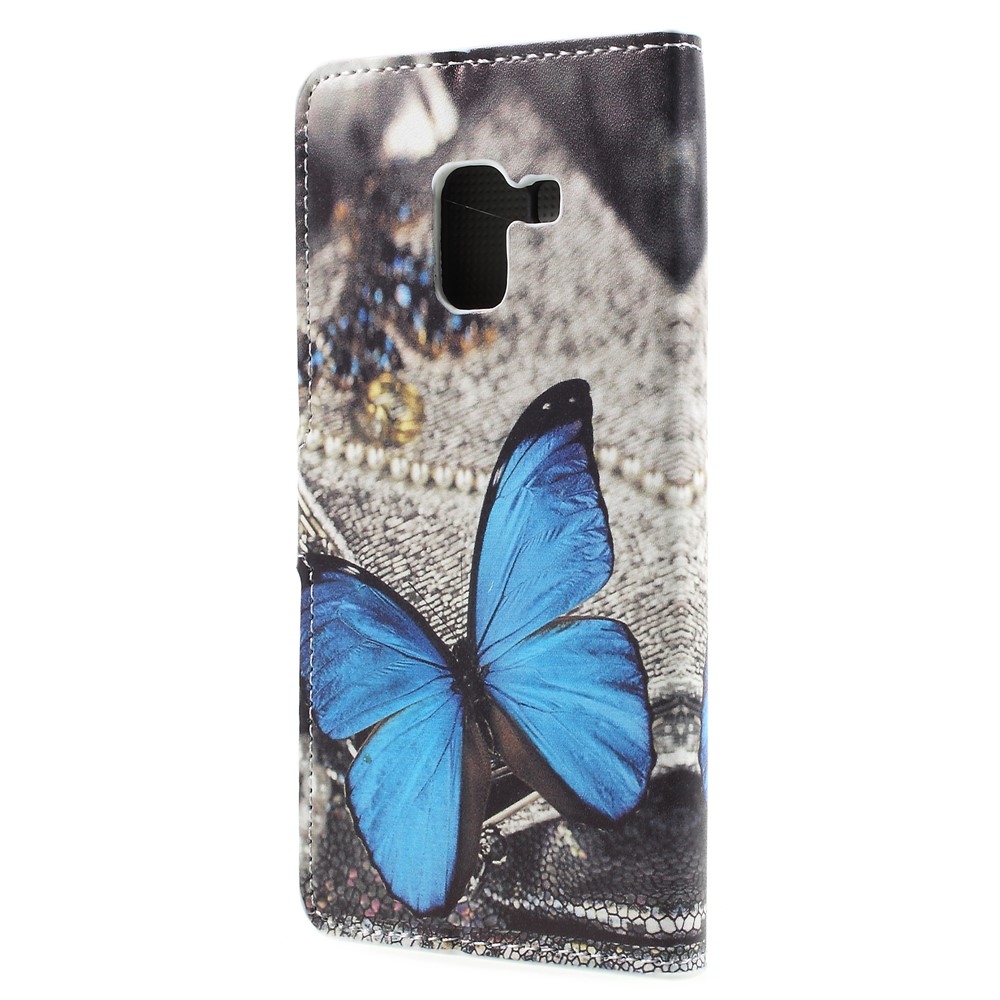Impressão Padrão PU Couro Suporte De Carteira Magnética Suporte De Telefone Celular Protetor Para Samsung Galaxy Coaxial A8 (2018) - Borboleta Azul-3