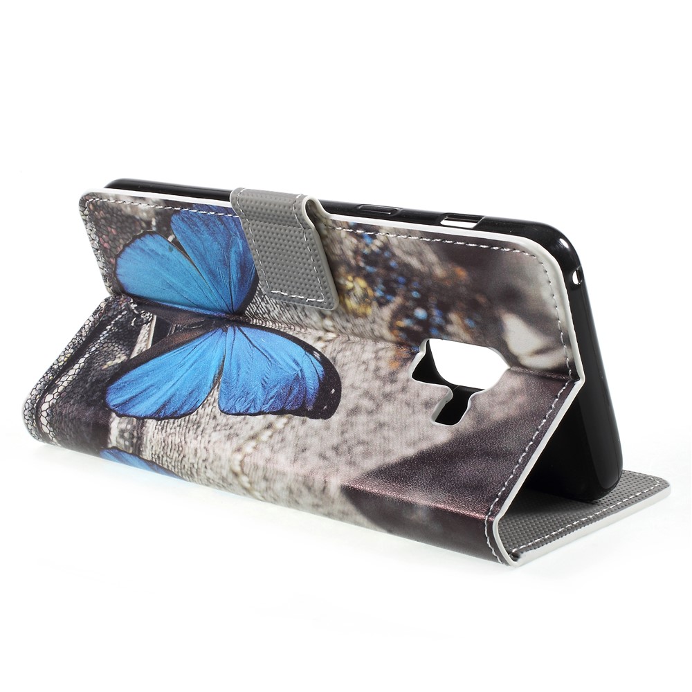 Impressão Padrão PU Couro Suporte De Carteira Magnética Suporte De Telefone Celular Protetor Para Samsung Galaxy Coaxial A8 (2018) - Borboleta Azul-5