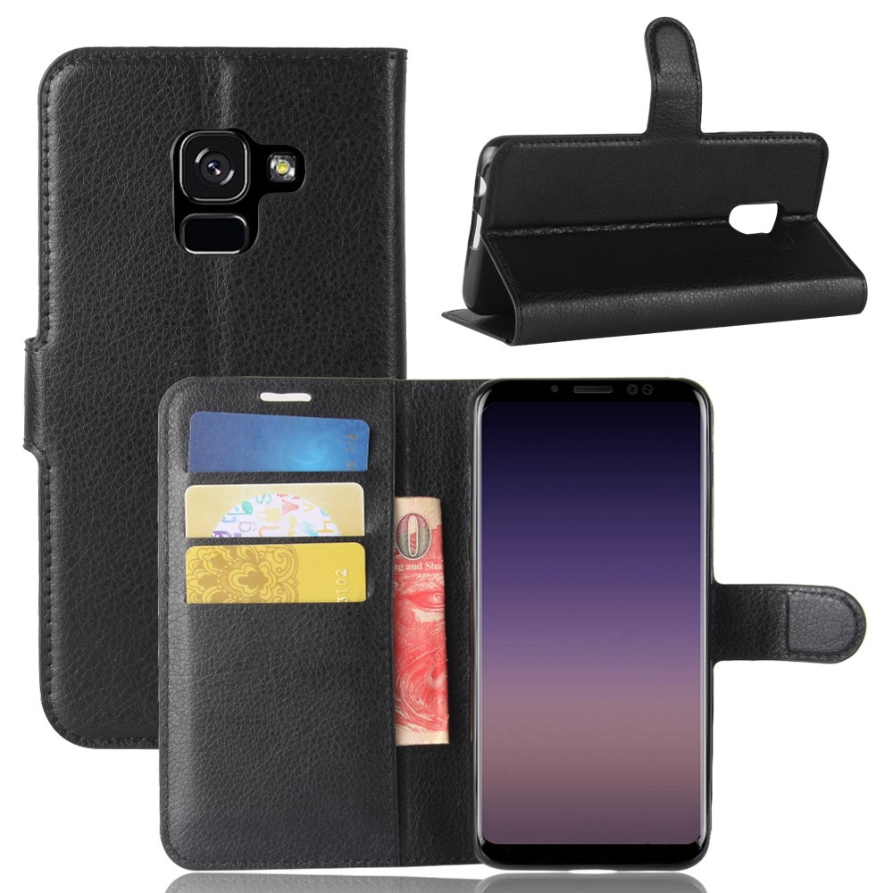 Litchi Skin pu Leather Wallet Stand Téléphone Mobile Avec Aimant Pour Samsung Galaxy A8 (2018) - le Noir