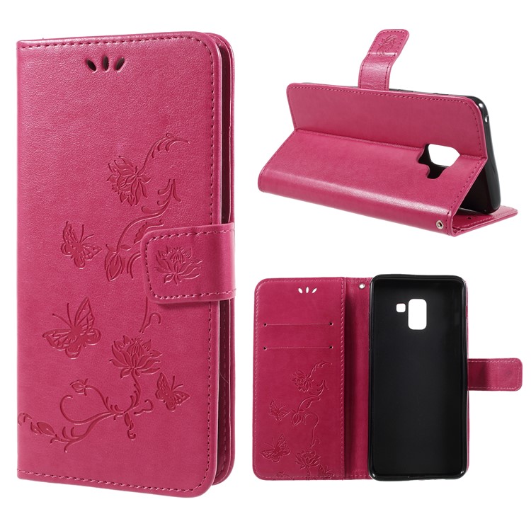 Imprint Butterfly Flower Leather Wallet Stand Phone Case for Samsung Galaxy A7 (2018) - Rose-1