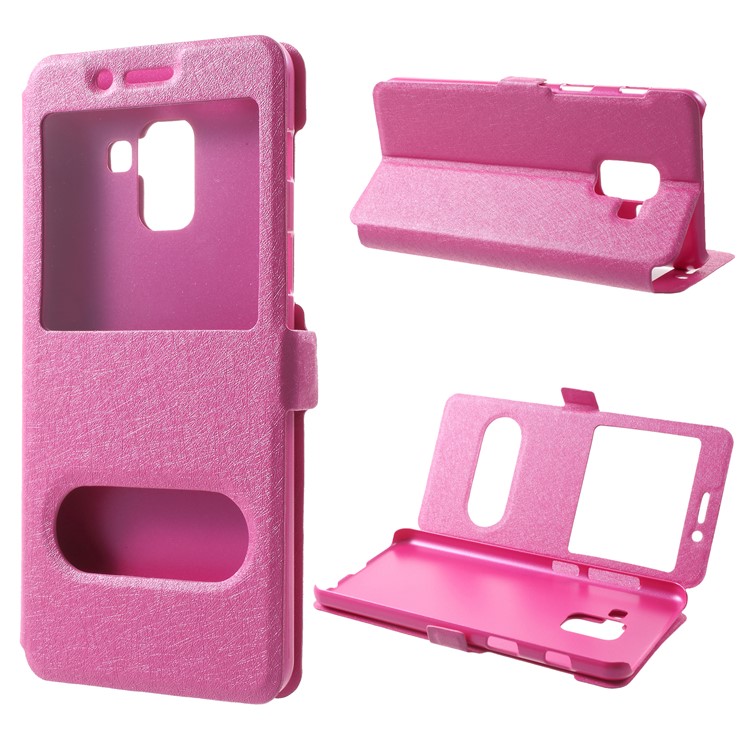 Silk Texture Dual Window Leather Mobile Phone Case for Samsung Galaxy A8 (2018) - Rose-1