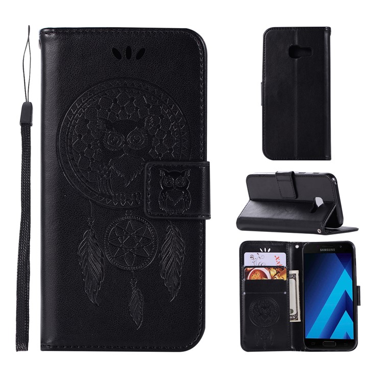 Imprint Dream Catcher Owl Leather Wallet Case with Lanyard for Samsung Galaxy A3 (2017) - Black-1