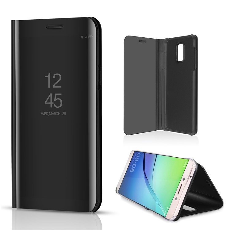 Plated Mirror Surface Leather View Window Stand Case for Samsung Galaxy C8 / J7 Plus - Black-1