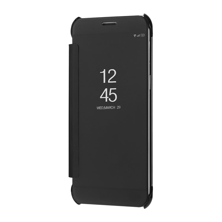 Plating Mirror Surface View Window Smart Leather Case for Samsung Galaxy J7 Plus/C8 - Black-1