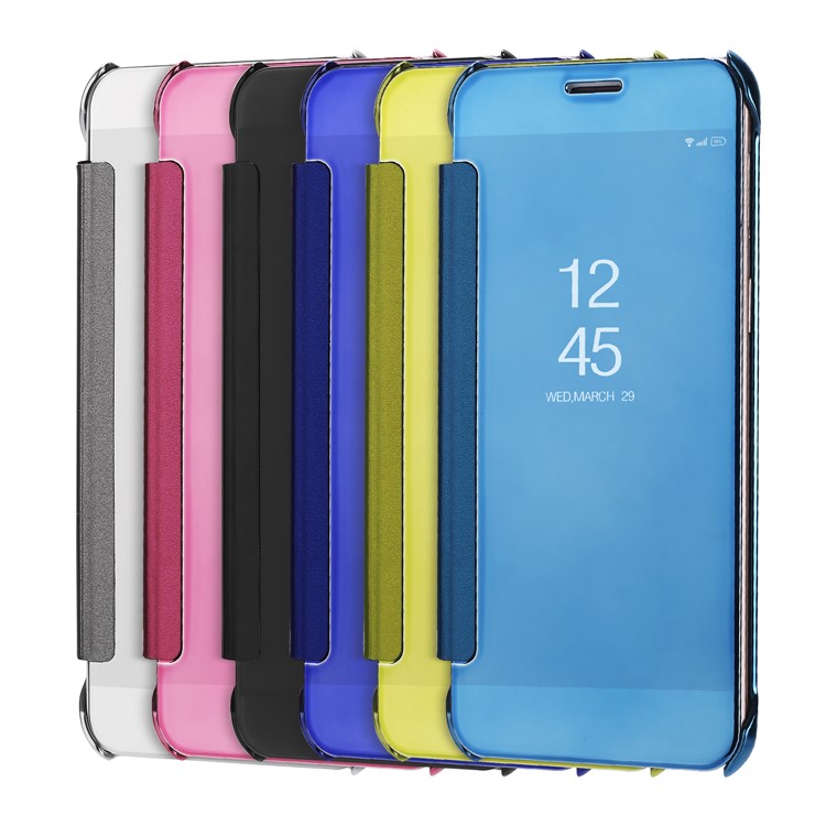 Plating Mirror Surface View Window Smart Leather Case for Samsung Galaxy J7 Plus/C8 - Black-2