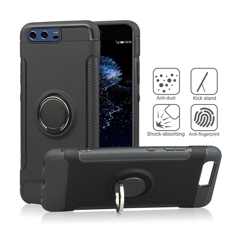 ANGIBABE Carbon Fiber Texture TPU PC Hybrid Case with Ring Holder Kickstand for Huawei P10 Plus - Black-1