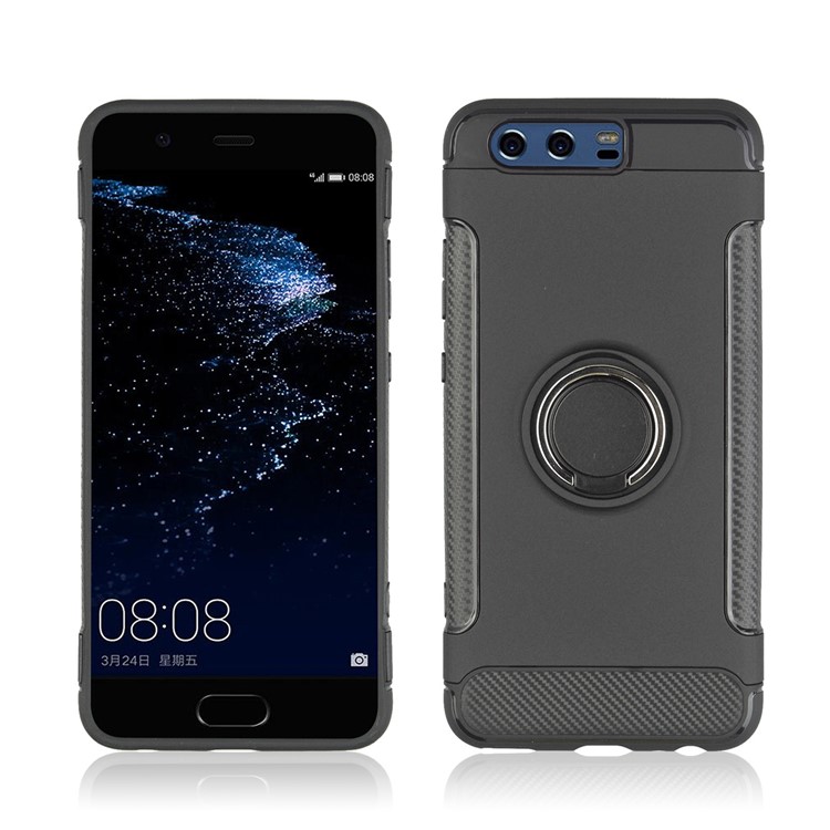 ANGIBABE Carbon Fiber Texture TPU PC Hybrid Case with Ring Holder Kickstand for Huawei P10 Plus - Black-2