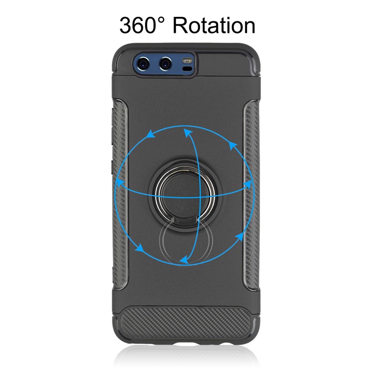 ANGIBABE Carbon Fiber Texture TPU PC Hybrid Case with Ring Holder Kickstand for Huawei P10 Plus - Black-3