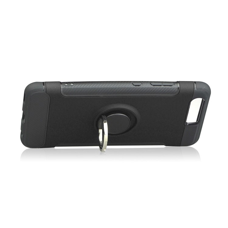 ANGIBABE Carbon Fiber Texture TPU PC Hybrid Case with Ring Holder Kickstand for Huawei P10 Plus - Black-4