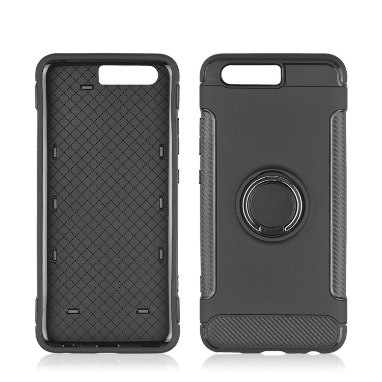 ANGIBABE Carbon Fiber Texture TPU PC Hybrid Case with Ring Holder Kickstand for Huawei P10 Plus - Black-5