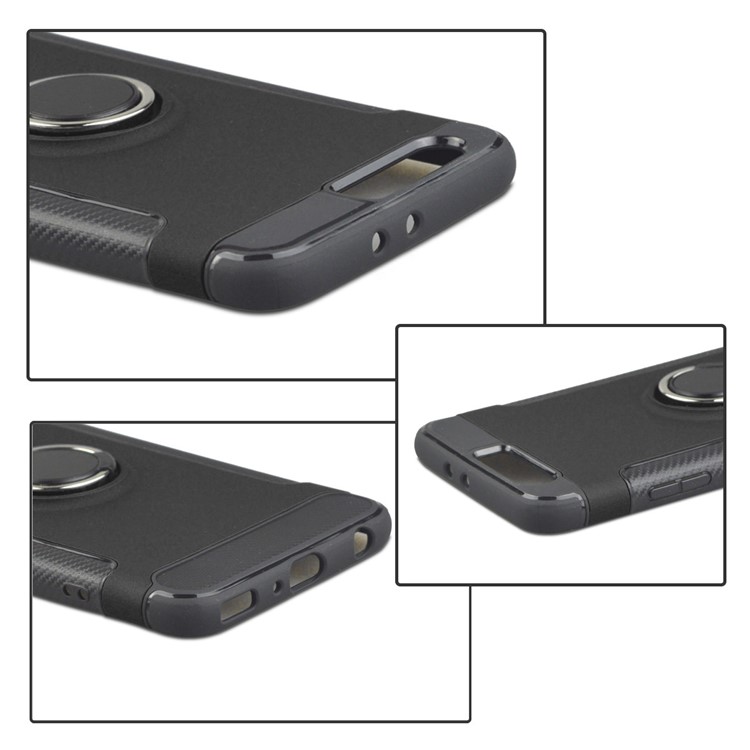 ANGIBABE Carbon Fiber Texture TPU PC Hybrid Case with Ring Holder Kickstand for Huawei P10 Plus - Black-6