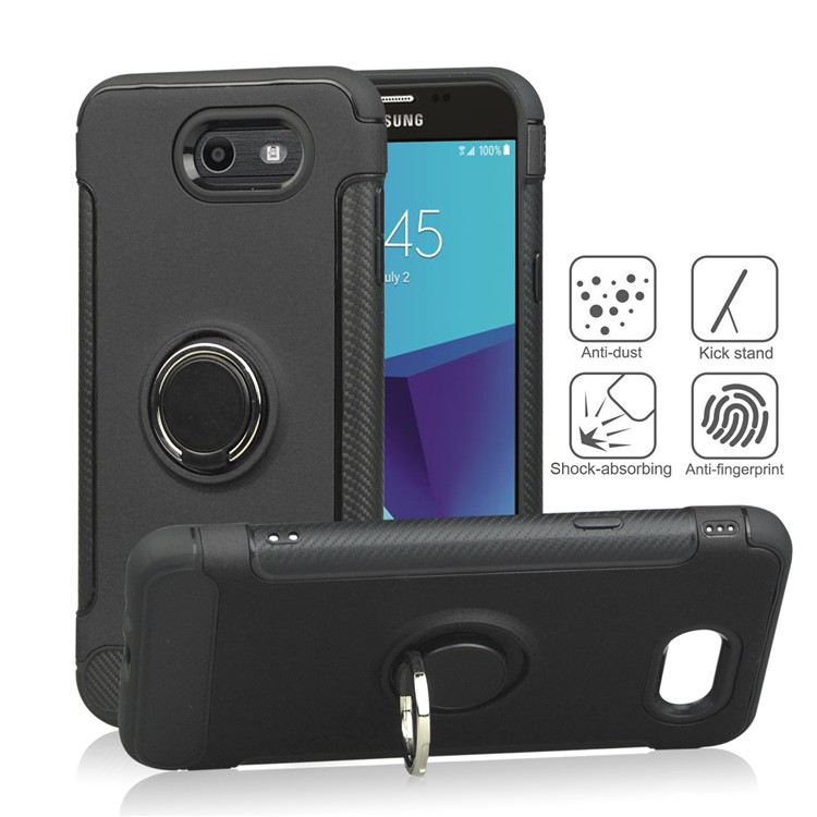 ANGIBABE Carbon Fiber Texture Kickstand TPU+PC Hybrid Case for Samsung Galaxy J7 (2017) EU Version/J7 Pro (2017) - Black-1