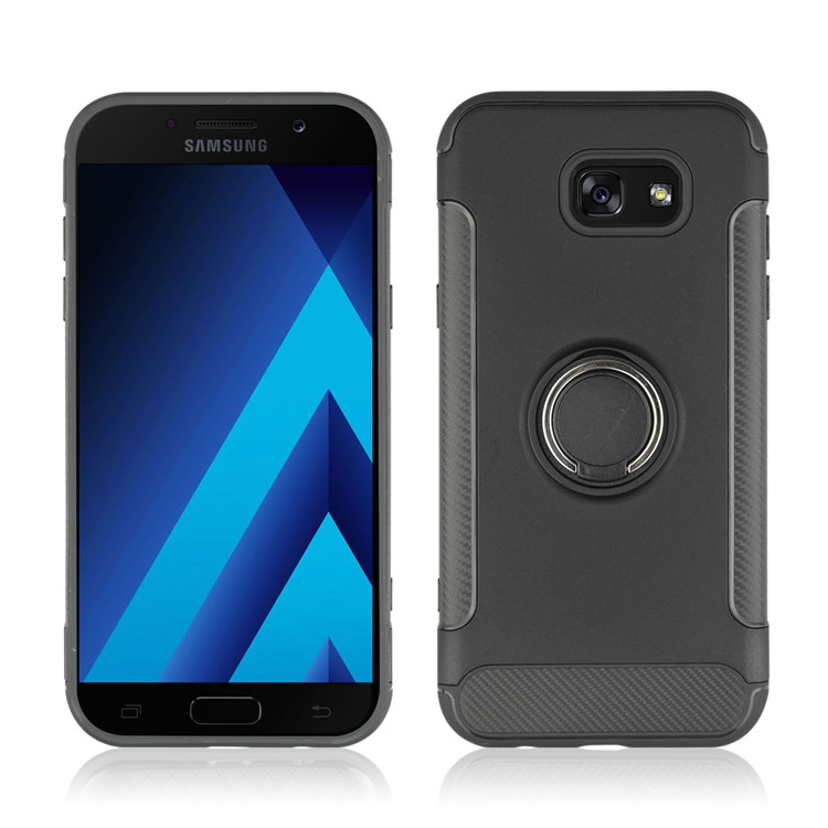 ANGIBABE Carbon Fiber Texture Kickstand TPU+PC Hybrid Shell for Samsung Galaxy A3 (2017) - Black-2
