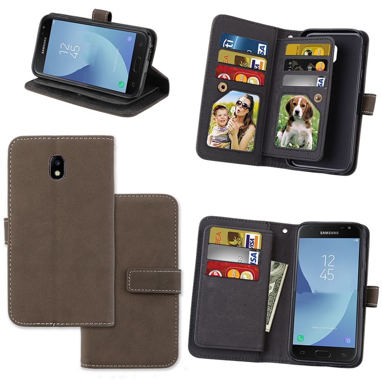 For Samsung Galaxy J3 (2017) EU Version / J3 Pro (2017) Matte Wallet Stand Leather Cellphone Shell with 9 Card Slots - Brown-2