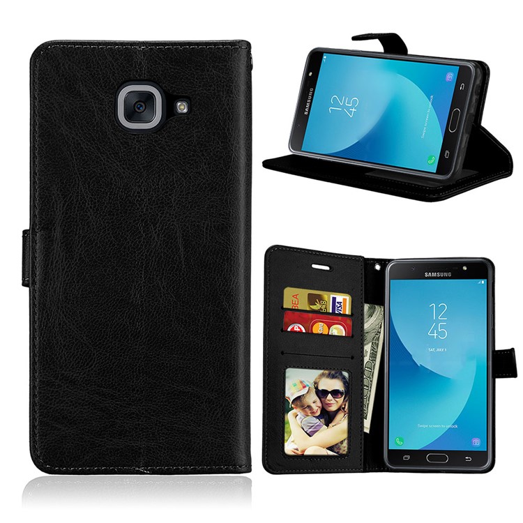 Pure Color Crazy Horse Wallet Stand Protective Leather Case for Samsung Galaxy J7 Max - Black-1