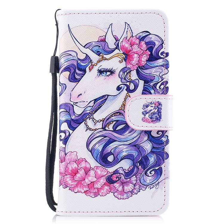 Pattern Printing Leather Wallet Cover Shell for Samsung Galaxy J3 Pro (2017) / J3 (2017) EU Version - Flower and Unicorn Pattern-1