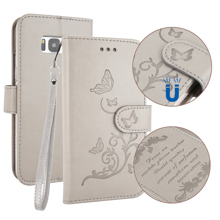 

For Samsung Galaxy S8 G950 Imprint Butterfly Flowers Wallet Leather Stand Case with Strap - Grey