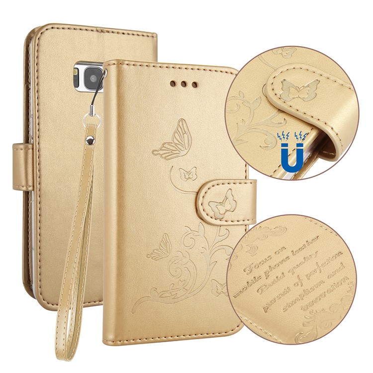 For Samsung Galaxy S8 Plus G955 Imprint Butterfly Flowers Wallet Leather Stand Flip Cover - Gold-1