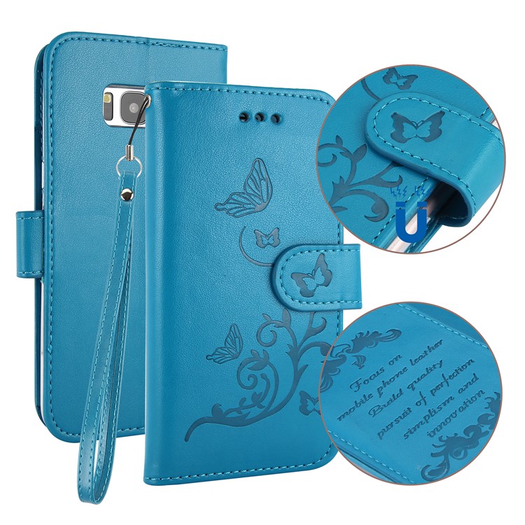 For Samsung Galaxy S8 Plus G955 Imprint Butterfly Flowers Wallet Leather Stand Cover Case with Strap - Blue-1