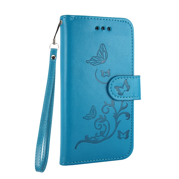 For Samsung Galaxy S8 Plus G955 Imprint Butterfly Flowers Wallet Leather Stand Cover Case with Strap - Blue-7