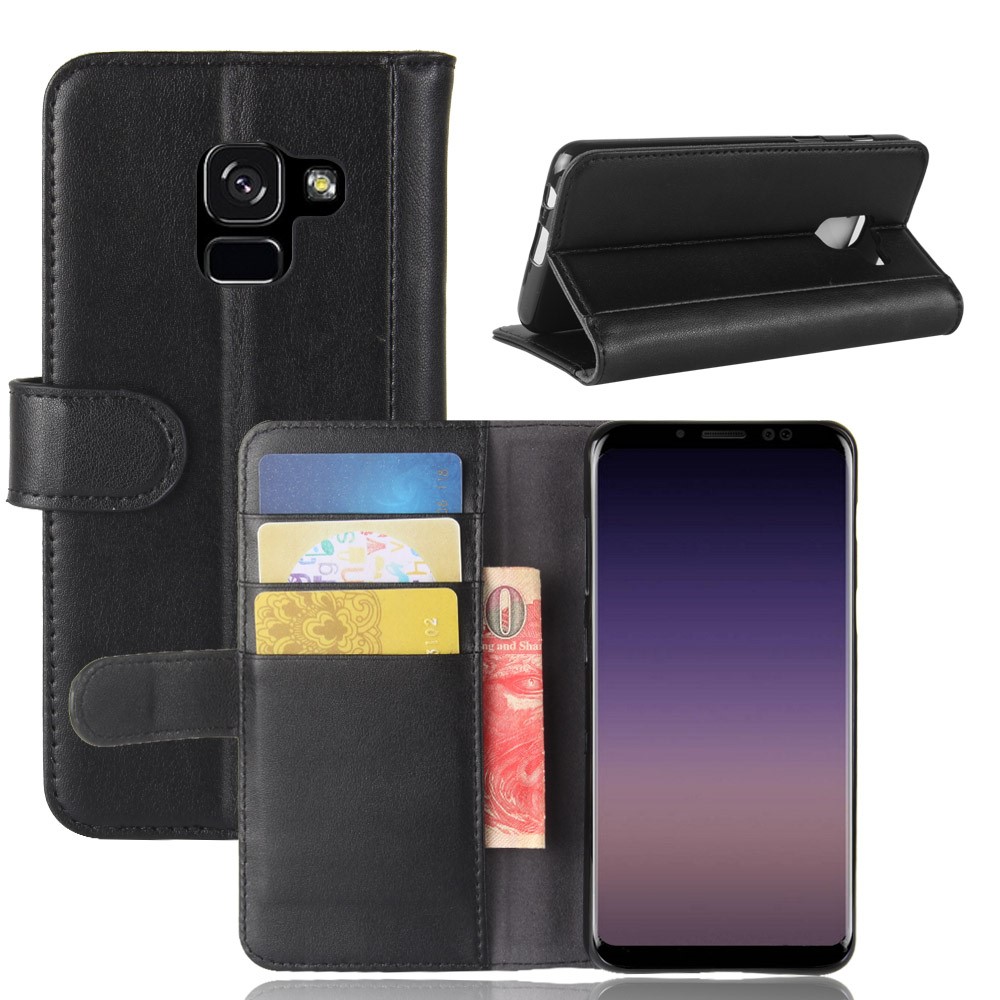 Capa de Telefone da Carteira de Couro Genuína Para Samsung Galaxy A8 (2018) Celular de Couro Celular Concha - Preto