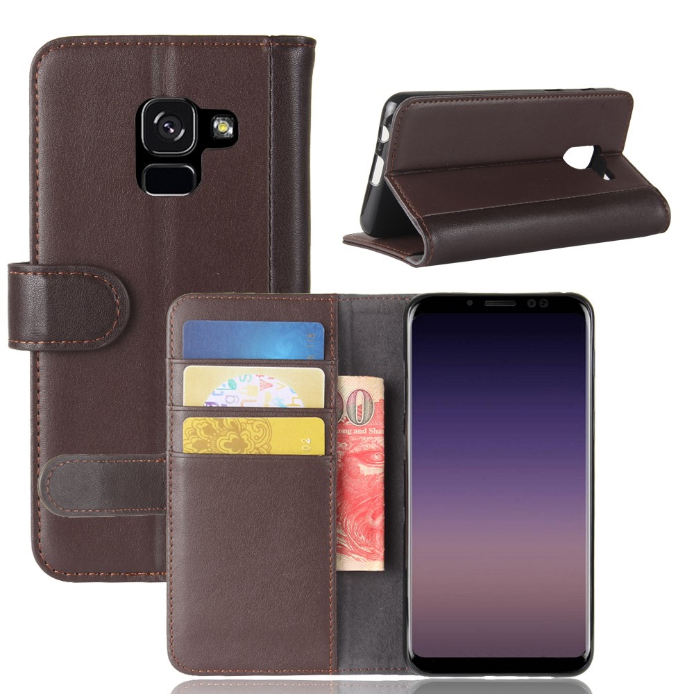 Genuine Leather Wallet Stand Phone Cover for Samsung Galaxy A8 (2018) - Coffee-1