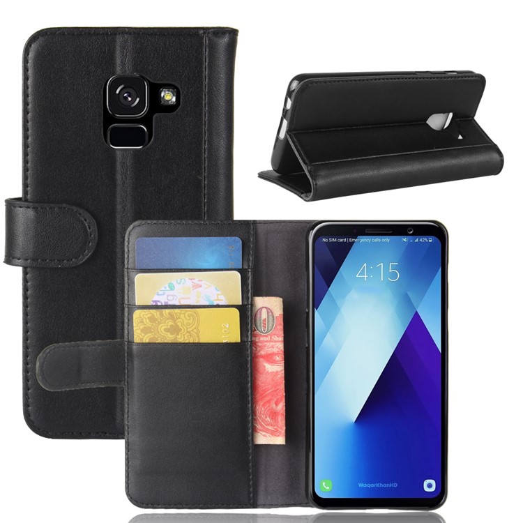 Genuine Leather Wallet Stand Phone Case for Samsung Galaxy A8 Plus (2018) - Black-1