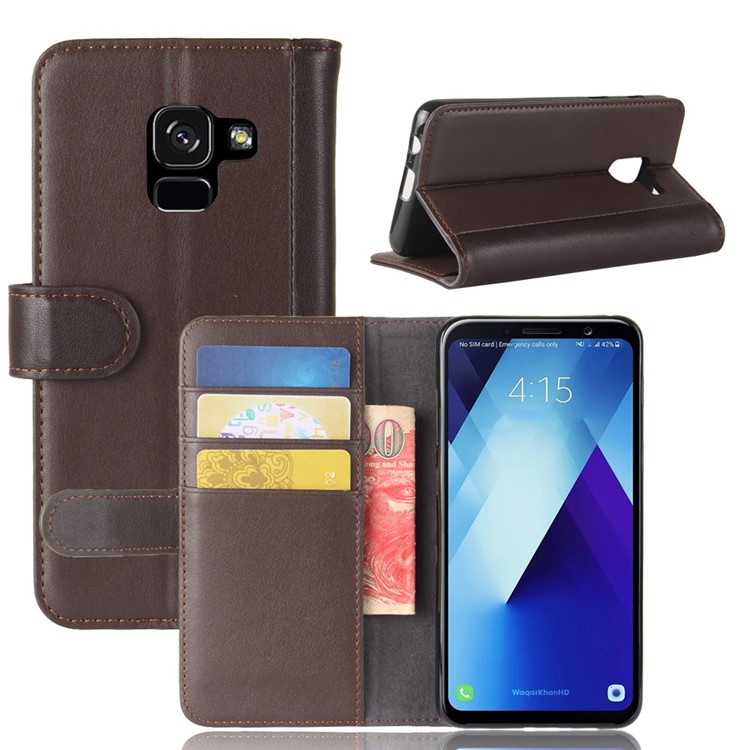 Genuine Leather Wallet Stand Phone Cover for Samsung Galaxy A8 Plus (2018) - Coffee-1